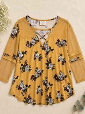 Ultra Flirt Plus 3X Floral Swing Top Mustard Yellow Mesh Sleeve Boho Tunic